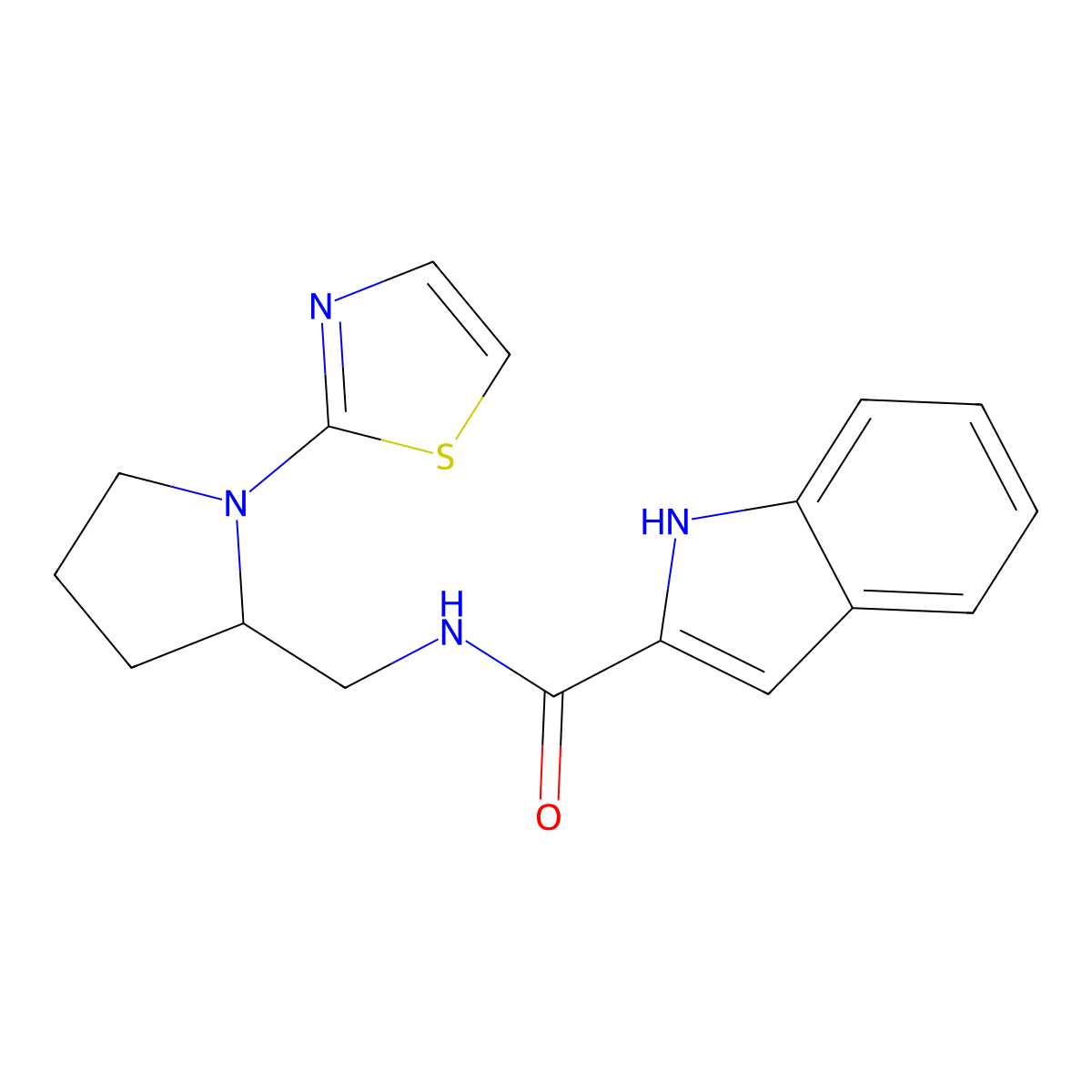 N-((1-(thiazol-2-yl)pyrrolidin-2-yl)methyl)-1H-indole-2-carboxamide molecular structure, CAS 1705928-63-7
