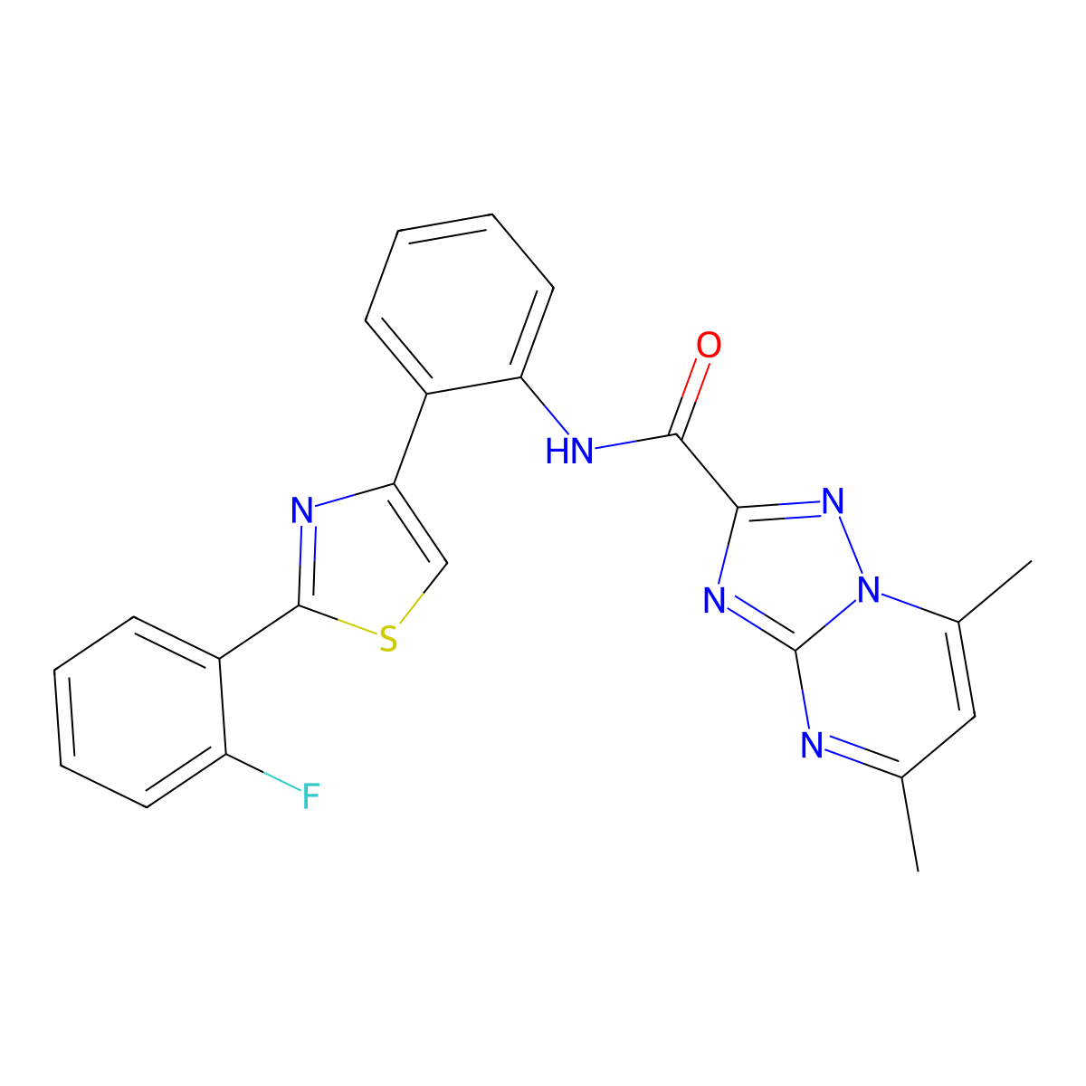 N-(2-(2-(2-fluorophenyl)thiazol-4-yl)phenyl)-5,7-dimethyl-[1,2,4]triazolo[1,5-a]pyrimidine-2-carboxamide molecular structure, CAS 1705930-08-0