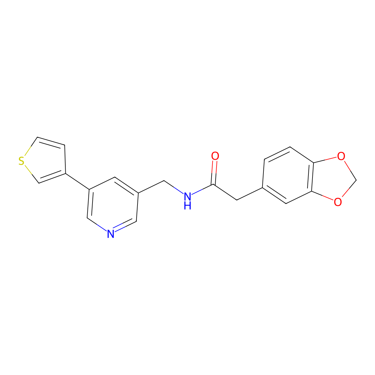 2-(2H-1,3-benzodioxol-5-yl)-N-{[5-(thiophen-3-yl)pyridin-3-yl]methyl}acetamide molecular structure, CAS 1705930-81-9