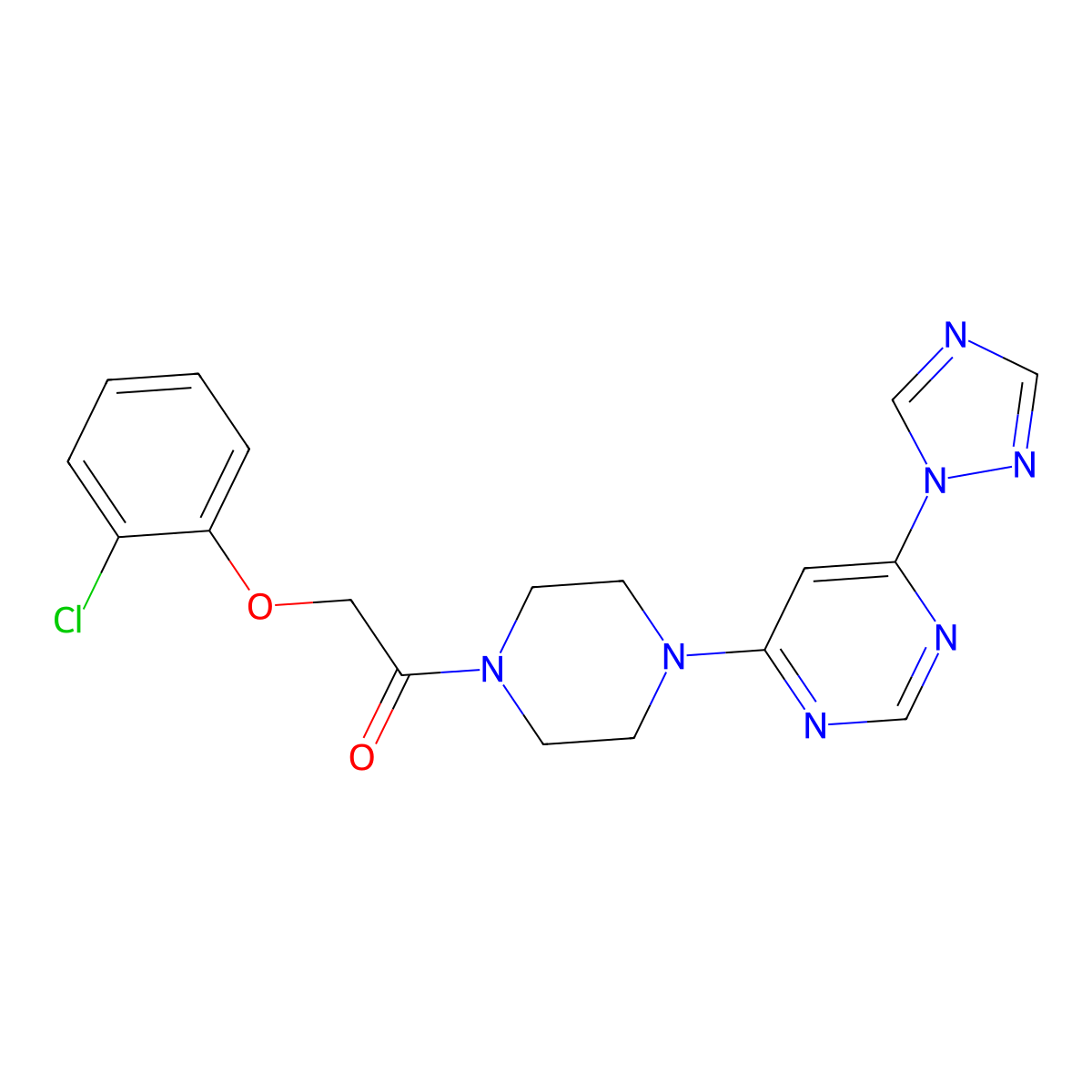 1-(4-(6-(1H-1,2,4-triazol-1-yl)pyrimidin-4-yl)piperazin-1-yl)-2-(2-chlorophenoxy)ethanone molecular structure, CAS 1705930-82-0
