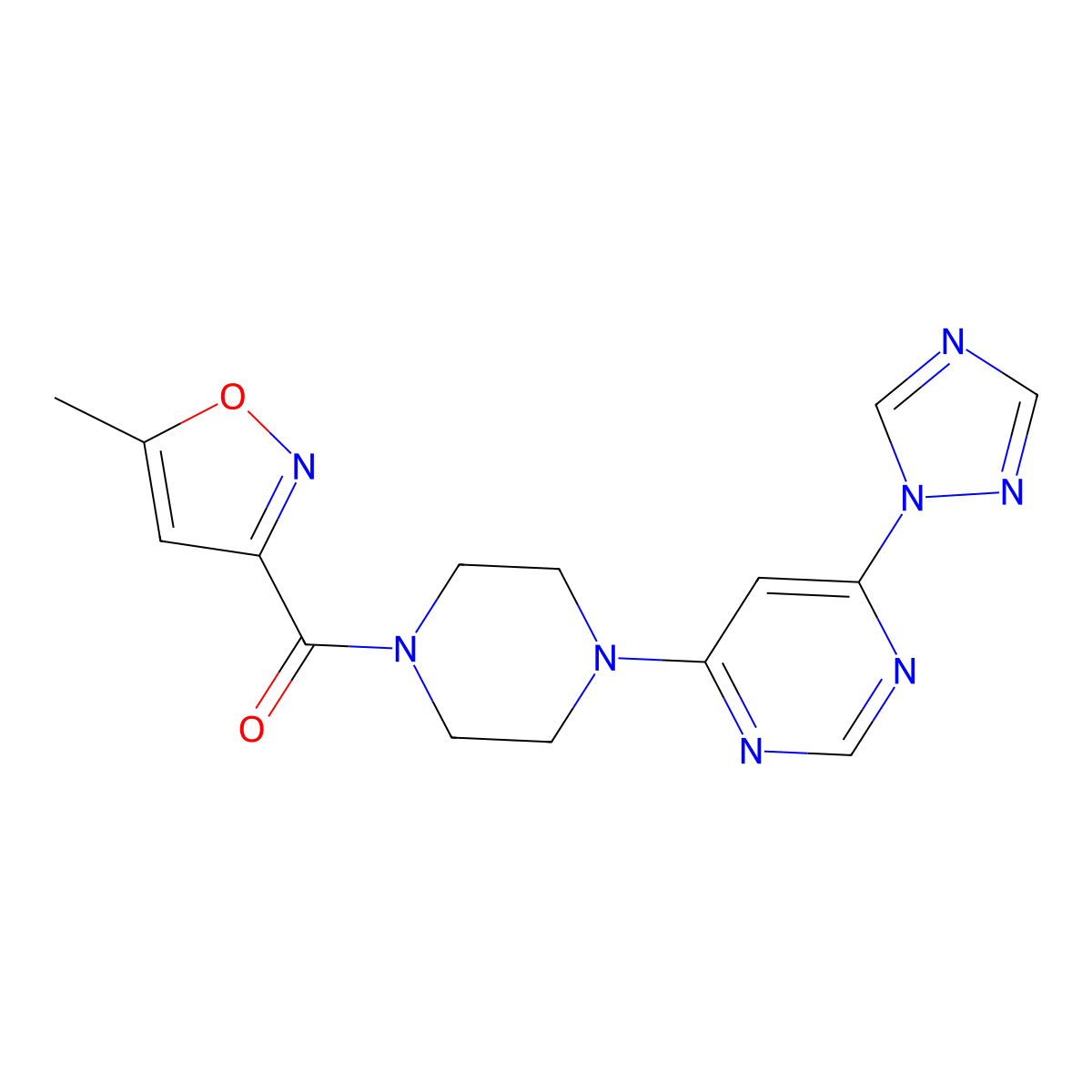 (4-(6-(1H-1,2,4-triazol-1-yl)pyrimidin-4-yl)piperazin-1-yl)(5-methylisoxazol-3-yl)methanone molecular structure, CAS 1705930-99-9
