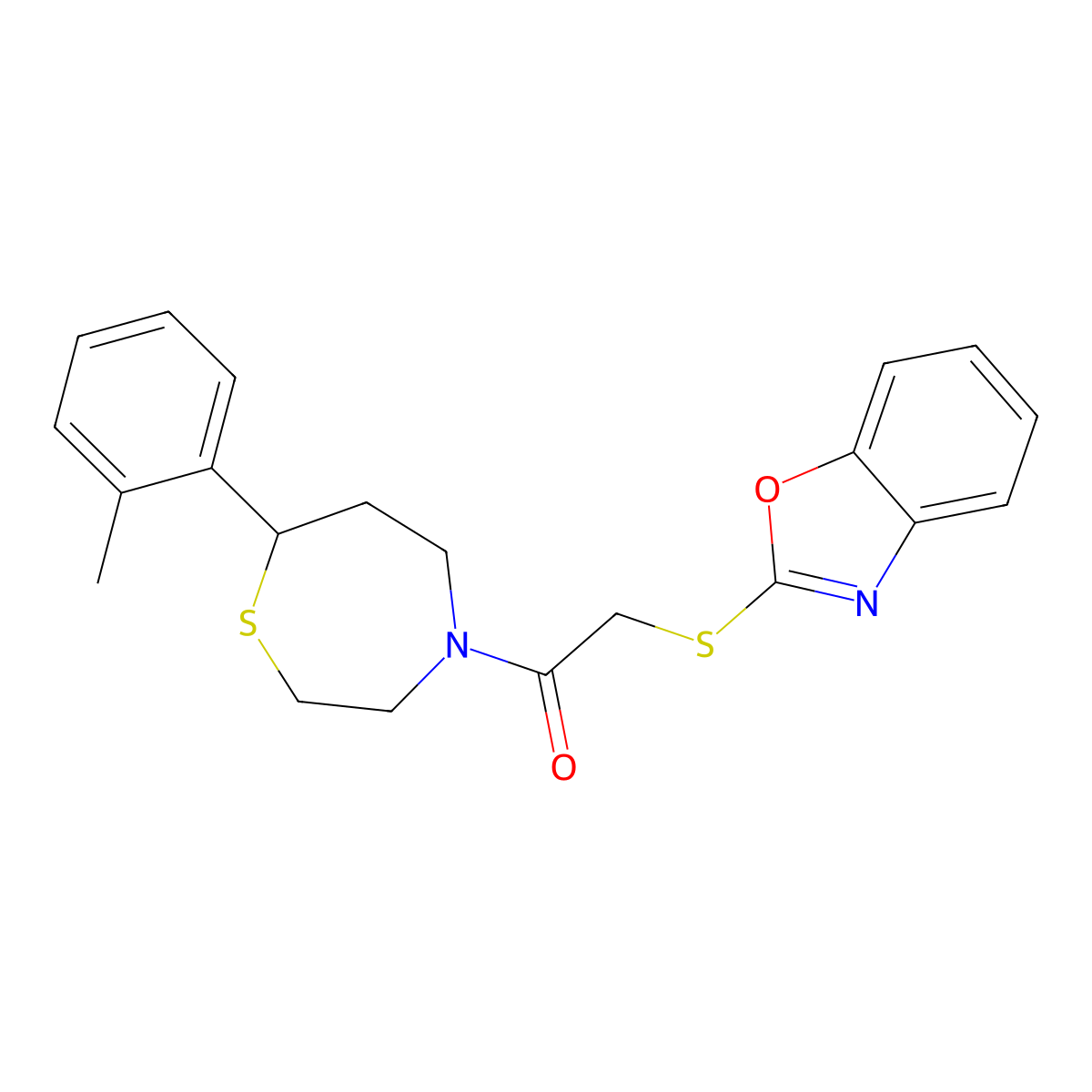2-(Benzo[d]oxazol-2-ylthio)-1-(7-(o-tolyl)-1,4-thiazepan-4-yl)ethanone molecular structure, CAS 1705931-87-8