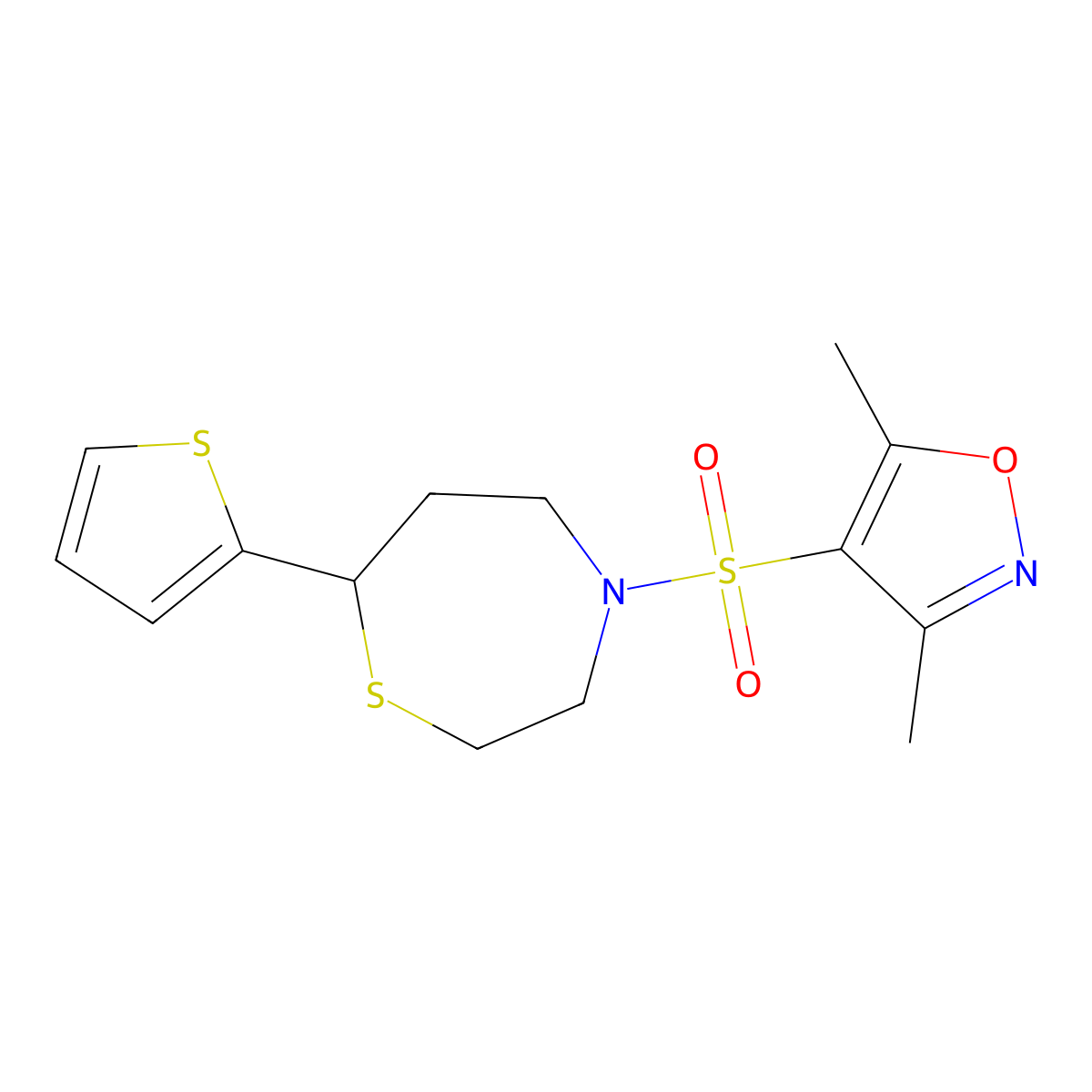 3,5-Dimethyl-4-((7-(thiophen-2-yl)-1,4-thiazepan-4-yl)sulfonyl)isoxazole molecular structure, CAS 1705934-80-0
