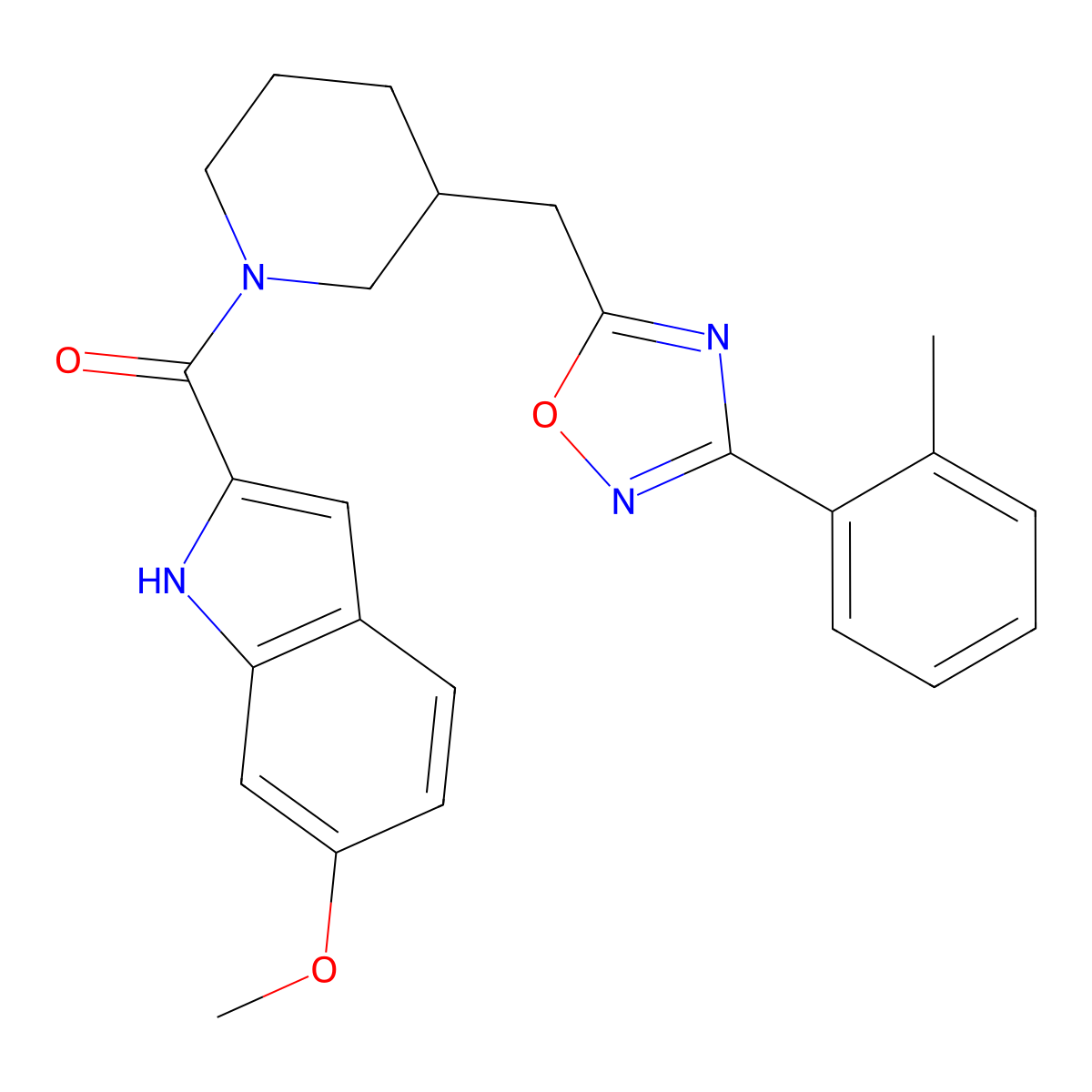 (6-methoxy-1H-indol-2-yl)(3-((3-(o-tolyl)-1,2,4-oxadiazol-5-yl)methyl)piperidin-1-yl)methanone molecular structure, CAS 1705936-67-9