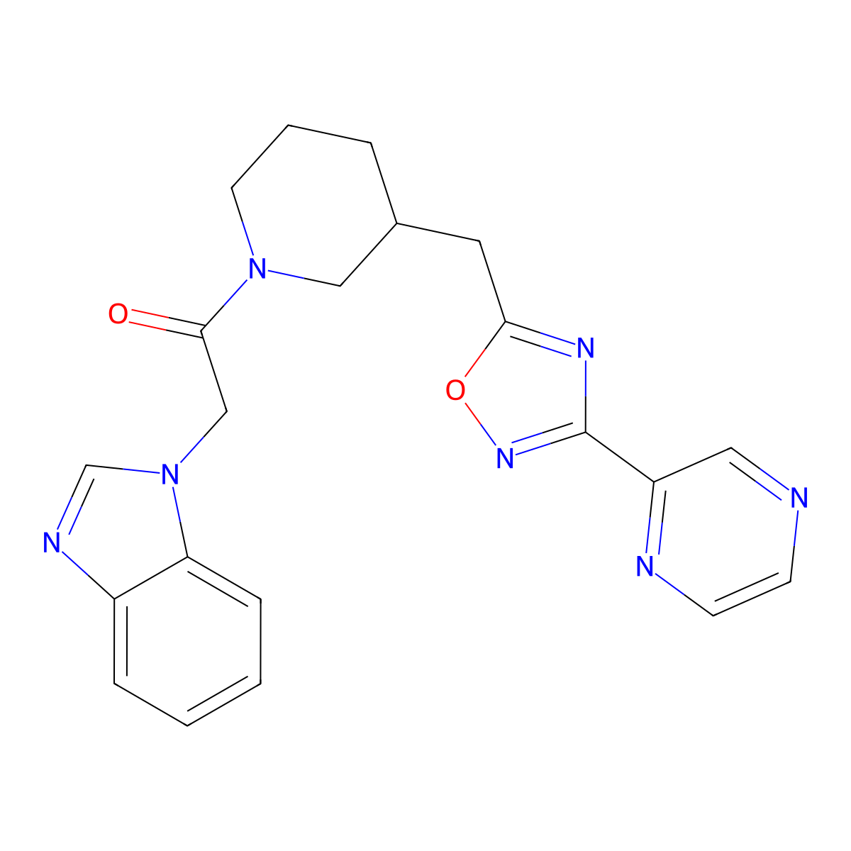 2-(1H-benzo[d]imidazol-1-yl)-1-(3-((3-(pyrazin-2-yl)-1,2,4-oxadiazol-5-yl)methyl)piperidin-1-yl)ethanone molecular structure, CAS 1705936-97-5