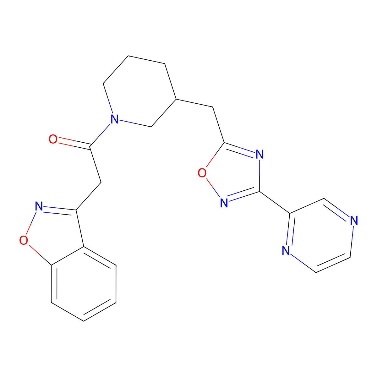 2-(Benzo[d]isoxazol-3-yl)-1-(3-((3-(pyrazin-2-yl)-1,2,4-oxadiazol-5-yl)methyl)piperidin-1-yl)ethanone molecular structure, CAS 1705937-02-5