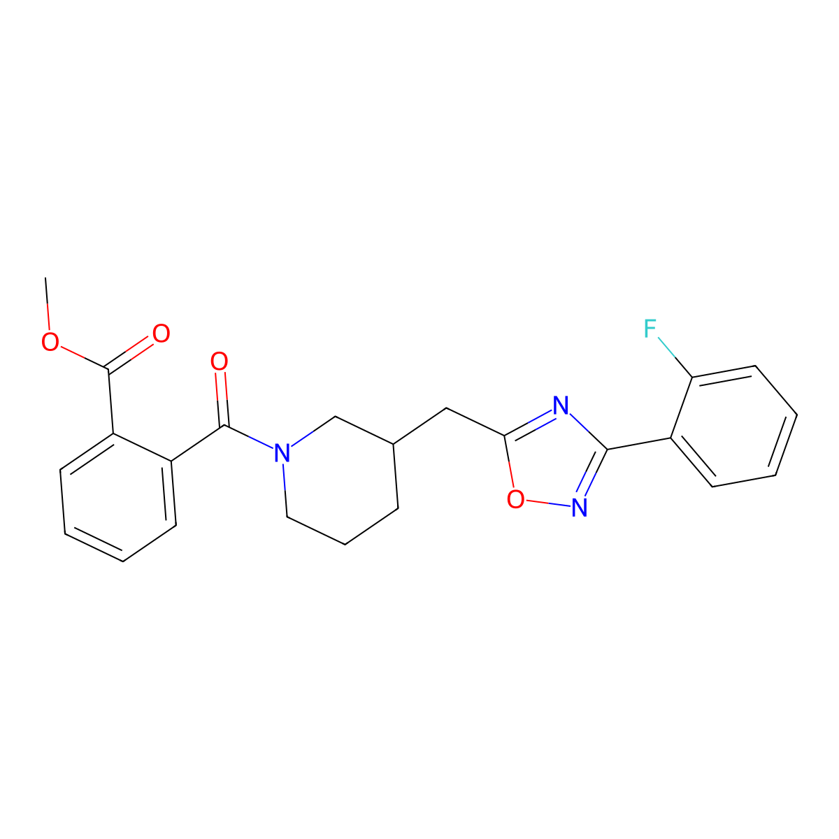 Methyl 2-(3-((3-(2-fluorophenyl)-1,2,4-oxadiazol-5-yl)methyl)piperidine-1-carbonyl)benzoate molecular structure, CAS 1705938-05-1