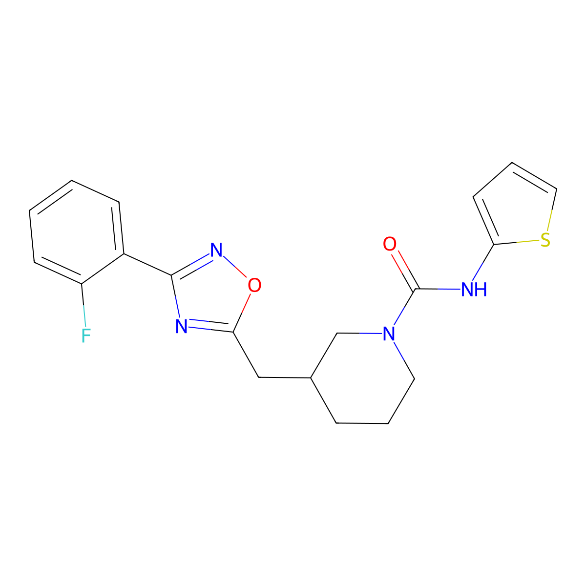 3-((3-(2-fluorophenyl)-1,2,4-oxadiazol-5-yl)methyl)-N-(thiophen-2-yl)piperidine-1-carboxamide molecular structure, CAS 1705938-11-9