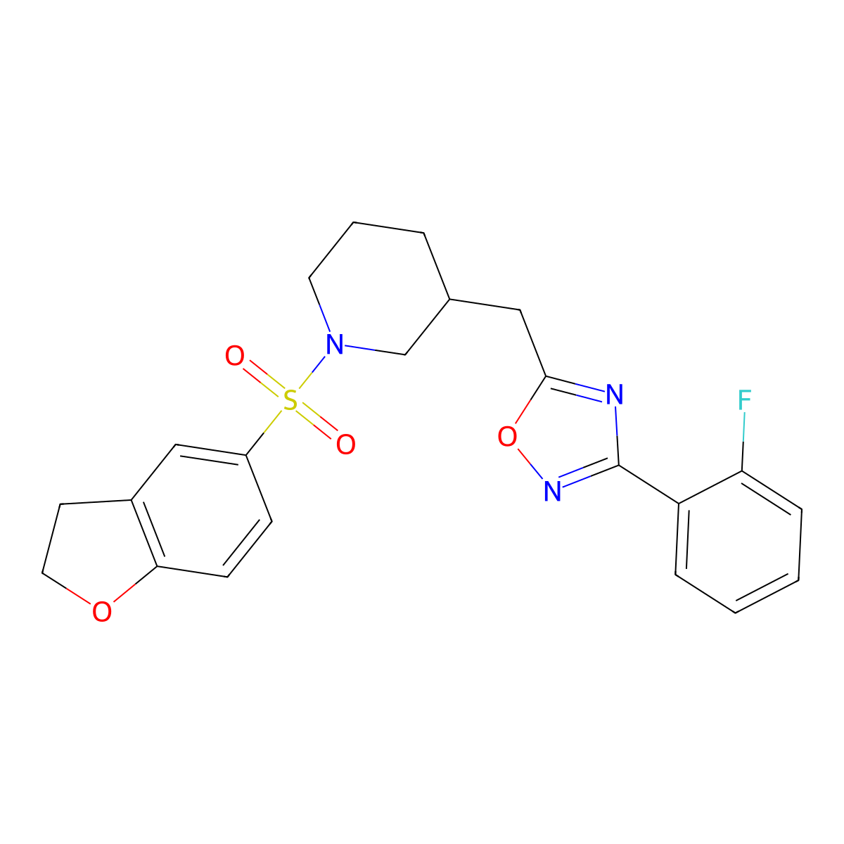 5-((1-((2,3-Dihydrobenzofuran-5-yl)sulfonyl)piperidin-3-yl)methyl)-3-(2-fluorophenyl)-1,2,4-oxadiazole molecular structure, CAS 1705938-17-5