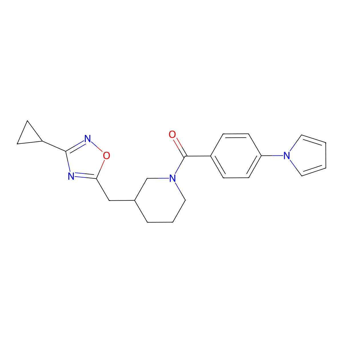 (4-(1H-pyrrol-1-yl)phenyl)(3-((3-cyclopropyl-1,2,4-oxadiazol-5-yl)methyl)piperidin-1-yl)methanone molecular structure, CAS 1705938-19-7