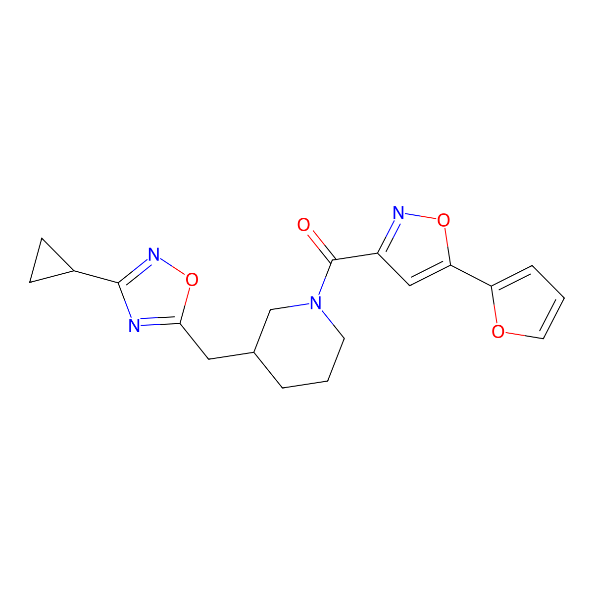 (3-((3-Cyclopropyl-1,2,4-oxadiazol-5-yl)methyl)piperidin-1-yl)(5-(furan-2-yl)isoxazol-3-yl)methanone molecular structure, CAS 1705938-20-0