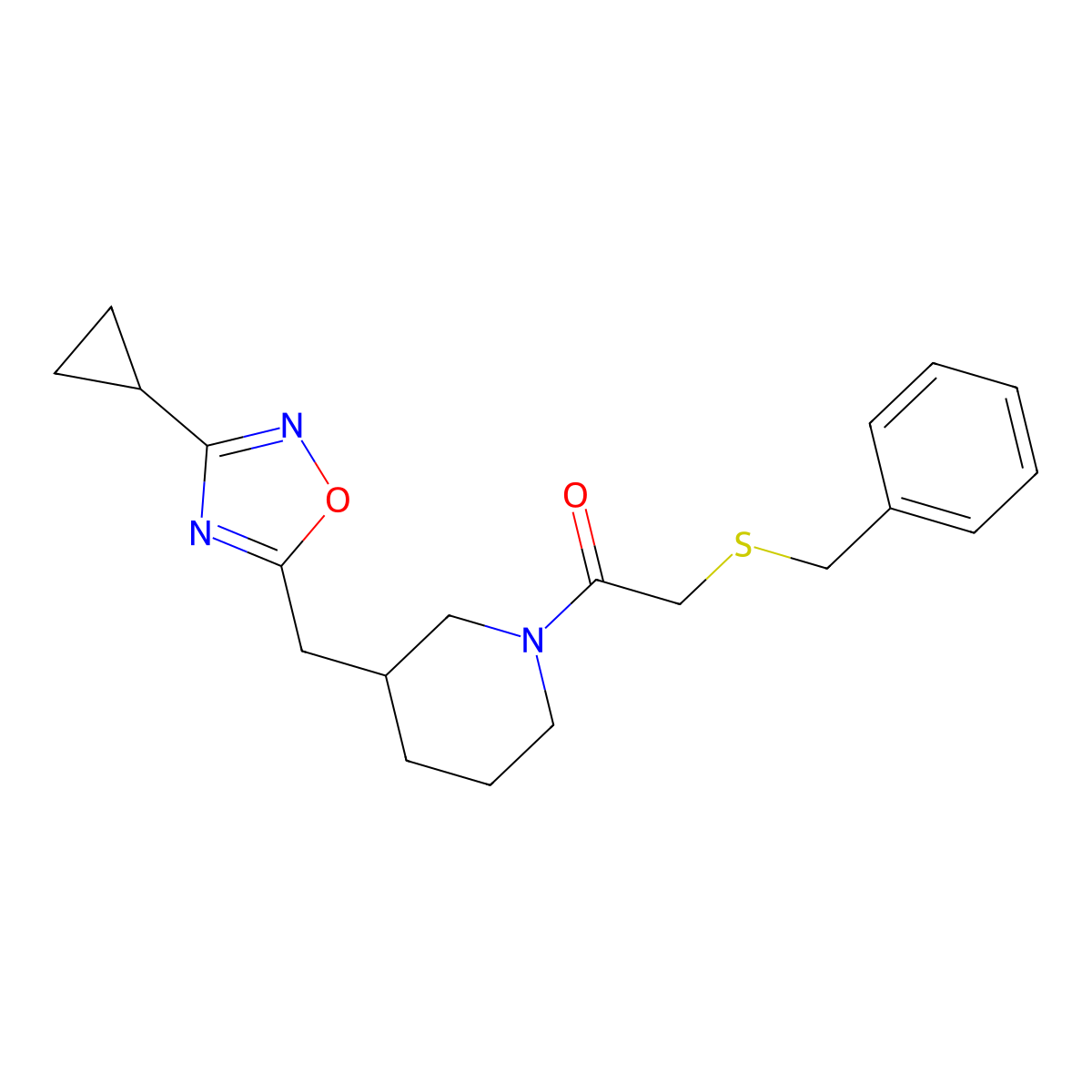 2-(Benzylthio)-1-(3-((3-cyclopropyl-1,2,4-oxadiazol-5-yl)methyl)piperidin-1-yl)ethanone molecular structure, CAS 1705938-28-8