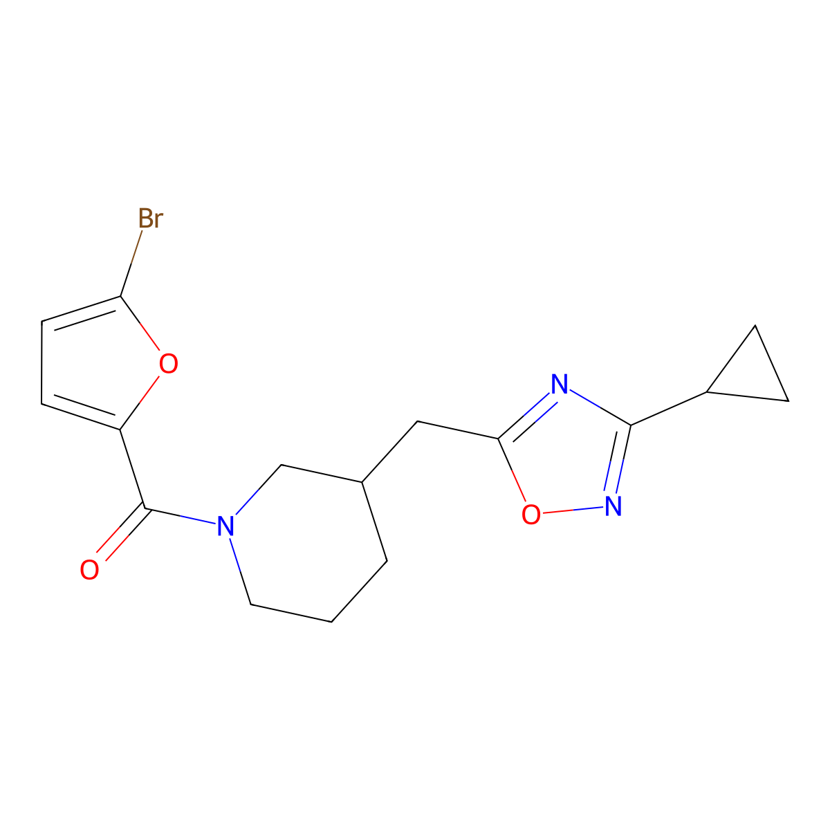 (5-Bromofuran-2-yl)(3-((3-cyclopropyl-1,2,4-oxadiazol-5-yl)methyl)piperidin-1-yl)methanone molecular structure, CAS 1705938-32-4