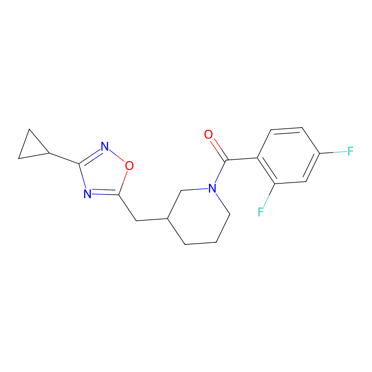 (3-((3-Cyclopropyl-1,2,4-oxadiazol-5-yl)methyl)piperidin-1-yl)(2,4-difluorophenyl)methanone molecular structure, CAS 1705938-39-1