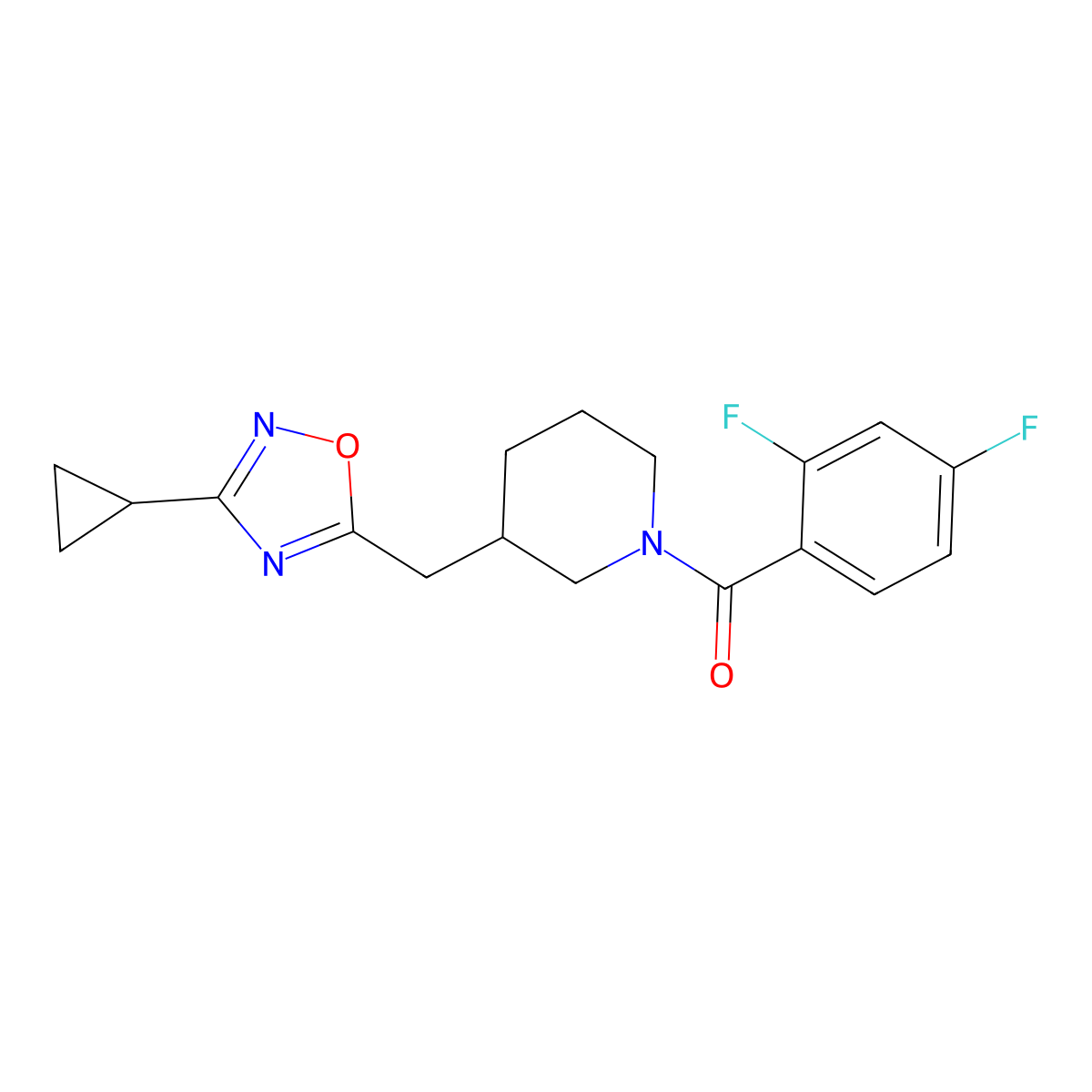 (3-((3-Cyclopropyl-1,2,4-oxadiazol-5-yl)methyl)piperidin-1-yl)(2,4-difluorophenyl)methanone molecular structure, CAS 1705938-39-1