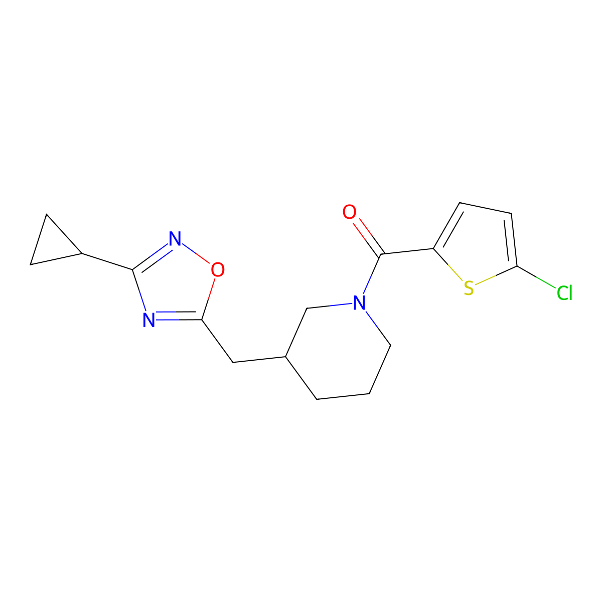 (5-Chlorothiophen-2-yl)(3-((3-cyclopropyl-1,2,4-oxadiazol-5-yl)methyl)piperidin-1-yl)methanone molecular structure, CAS 1705938-60-8