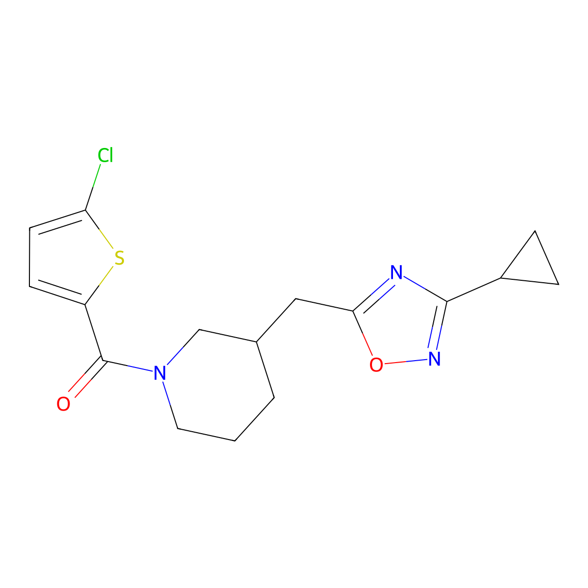 (5-Chlorothiophen-2-yl)(3-((3-cyclopropyl-1,2,4-oxadiazol-5-yl)methyl)piperidin-1-yl)methanone molecular structure, CAS 1705938-60-8