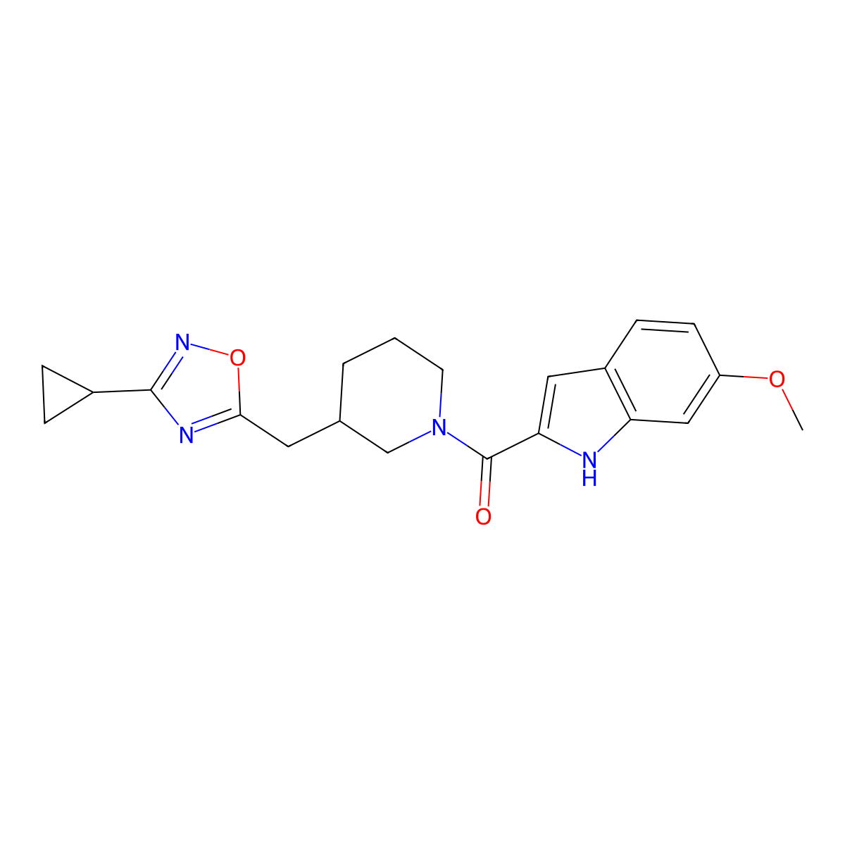 (3-((3-cyclopropyl-1,2,4-oxadiazol-5-yl)methyl)piperidin-1-yl)(6-methoxy-1H-indol-2-yl)methanone molecular structure, CAS 1705938-71-1