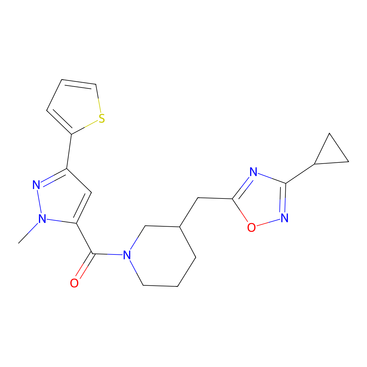 (3-((3-cyclopropyl-1,2,4-oxadiazol-5-yl)methyl)piperidin-1-yl)(1-methyl-3-(thiophen-2-yl)-1H-pyrazol-5-yl)methanone molecular structure, CAS 1705938-78-8