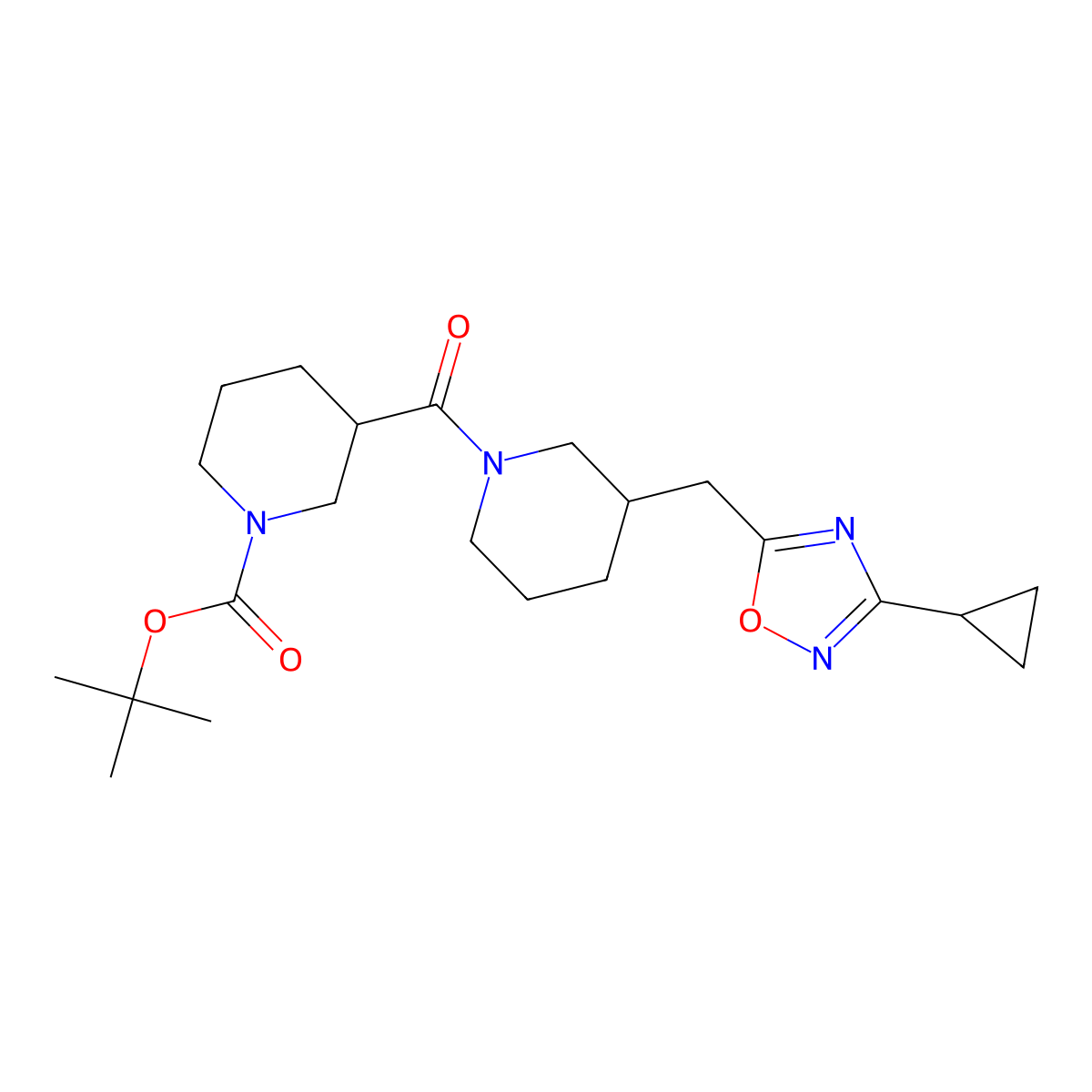 Tert-butyl 3-(3-((3-cyclopropyl-1,2,4-oxadiazol-5-yl)methyl)piperidine-1-carbonyl)piperidine-1-carboxylate molecular structure, CAS 1705938-85-7