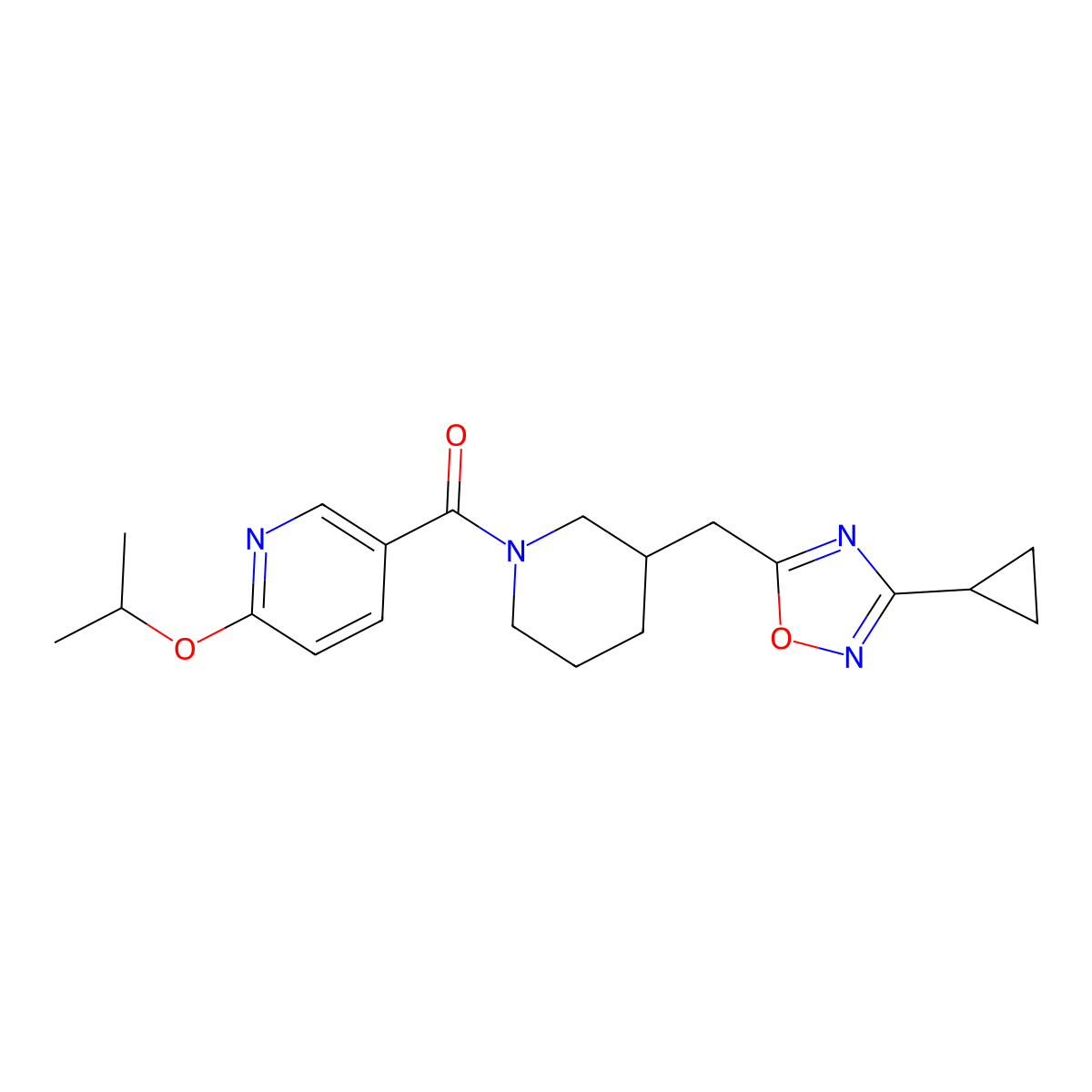 (3-((3-Cyclopropyl-1,2,4-oxadiazol-5-yl)methyl)piperidin-1-yl)(6-isopropoxypyridin-3-yl)methanone molecular structure, CAS 1705939-05-4