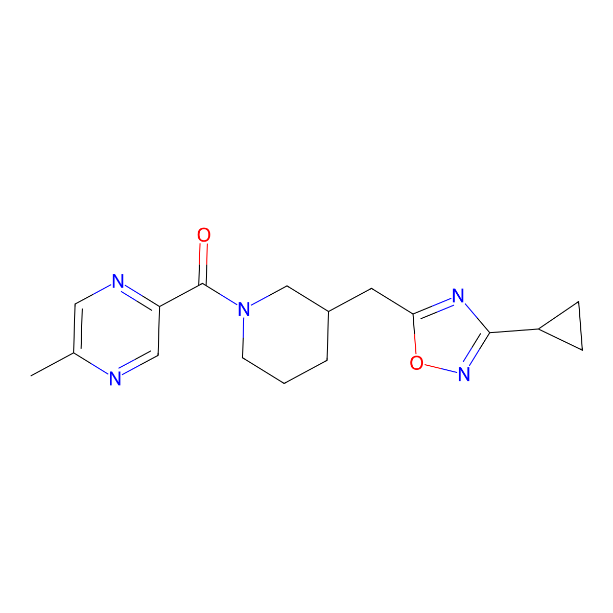 (3-((3-Cyclopropyl-1,2,4-oxadiazol-5-yl)methyl)piperidin-1-yl)(5-methylpyrazin-2-yl)methanone molecular structure, CAS 1705939-09-8