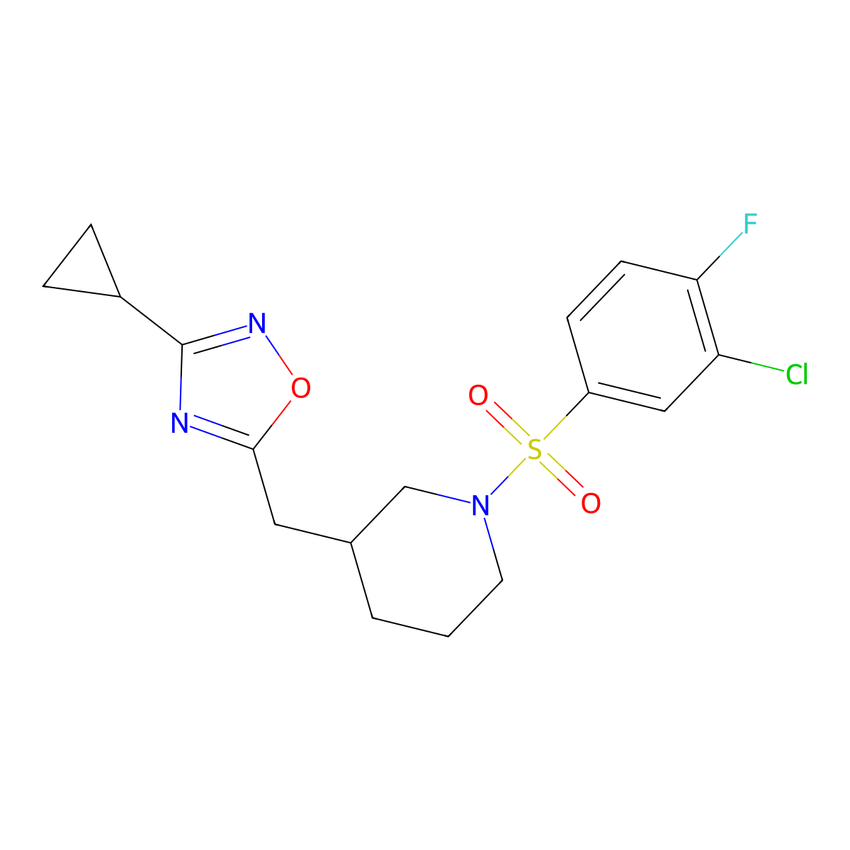 5-((1-((3-Chloro-4-fluorophenyl)sulfonyl)piperidin-3-yl)methyl)-3-cyclopropyl-1,2,4-oxadiazole molecular structure, CAS 1705940-80-2