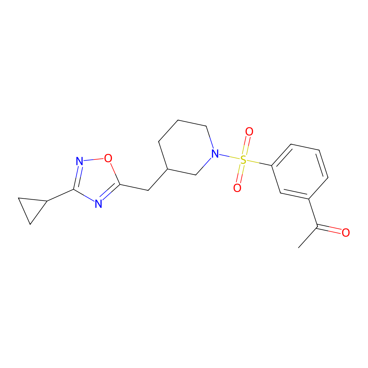1-(3-((3-((3-Cyclopropyl-1,2,4-oxadiazol-5-yl)methyl)piperidin-1-yl)sulfonyl)phenyl)ethanone molecular structure, CAS 1705940-90-4