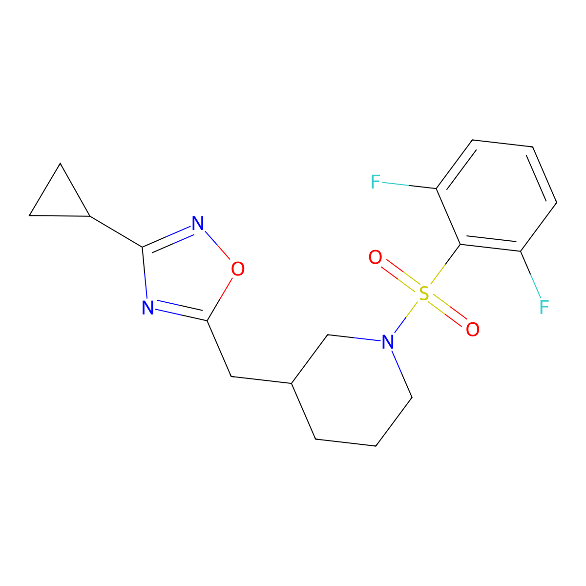 3-Cyclopropyl-5-((1-((2,6-difluorophenyl)sulfonyl)piperidin-3-yl)methyl)-1,2,4-oxadiazole molecular structure, CAS 1705941-04-3