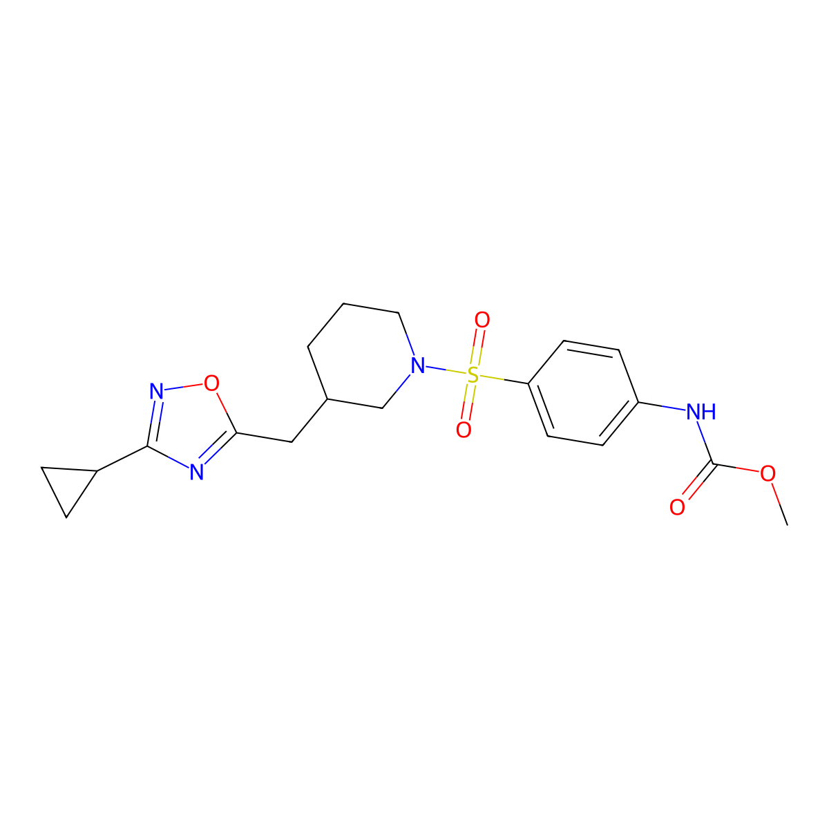 Methyl (4-((3-((3-cyclopropyl-1,2,4-oxadiazol-5-yl)methyl)piperidin-1-yl)sulfonyl)phenyl)carbamate molecular structure, CAS 1705941-57-6