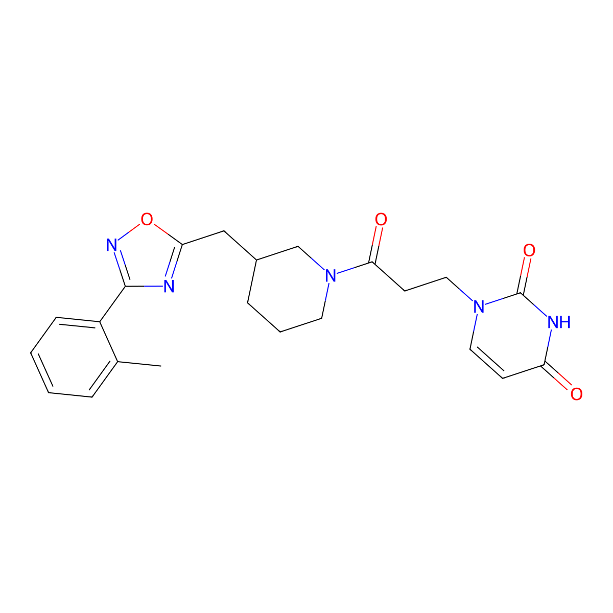 1-(3-oxo-3-(3-((3-(o-tolyl)-1,2,4-oxadiazol-5-yl)methyl)piperidin-1-yl)propyl)pyrimidine-2,4(1H,3H)-dione molecular structure, CAS 1705942-00-2