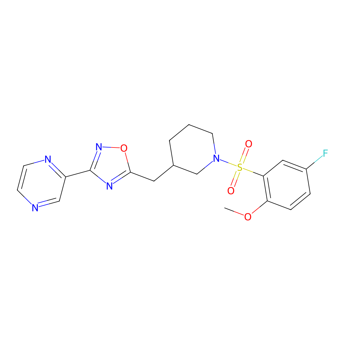 5-((1-((5-Fluoro-2-methoxyphenyl)sulfonyl)piperidin-3-yl)methyl)-3-(pyrazin-2-yl)-1,2,4-oxadiazole molecular structure, CAS 1705943-62-9