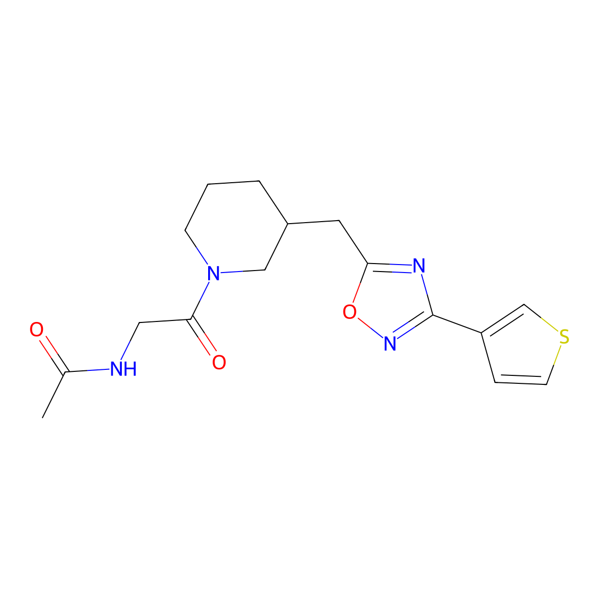 N-(2-oxo-2-(3-((3-(thiophen-3-yl)-1,2,4-oxadiazol-5-yl)methyl)piperidin-1-yl)ethyl)acetamide molecular structure, CAS 1705944-66-6