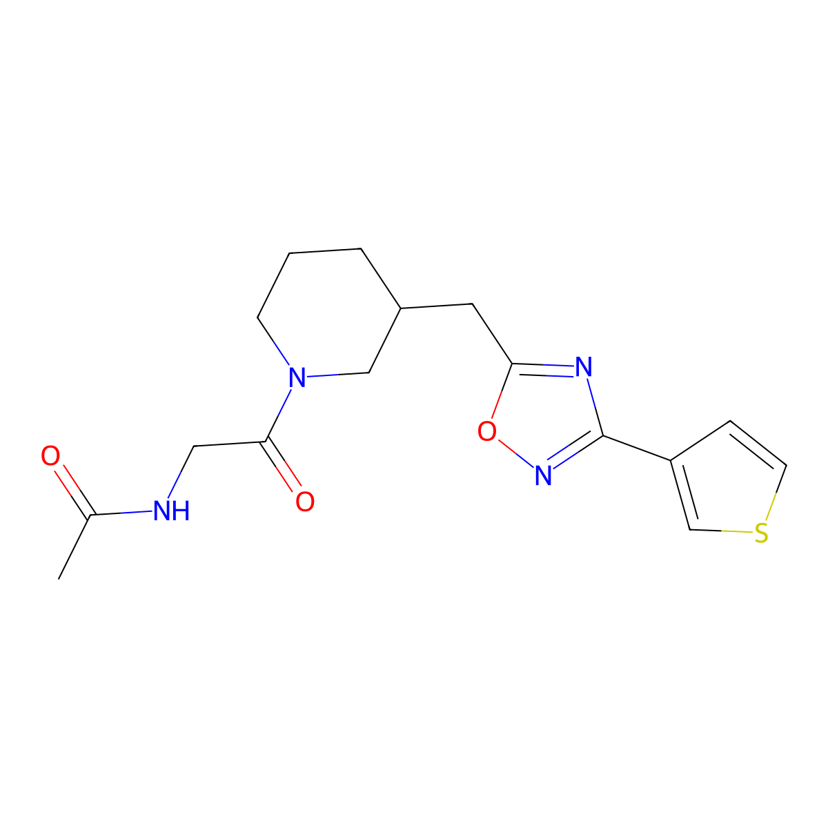 N-(2-oxo-2-(3-((3-(thiophen-3-yl)-1,2,4-oxadiazol-5-yl)methyl)piperidin-1-yl)ethyl)acetamide molecular structure, CAS 1705944-66-6