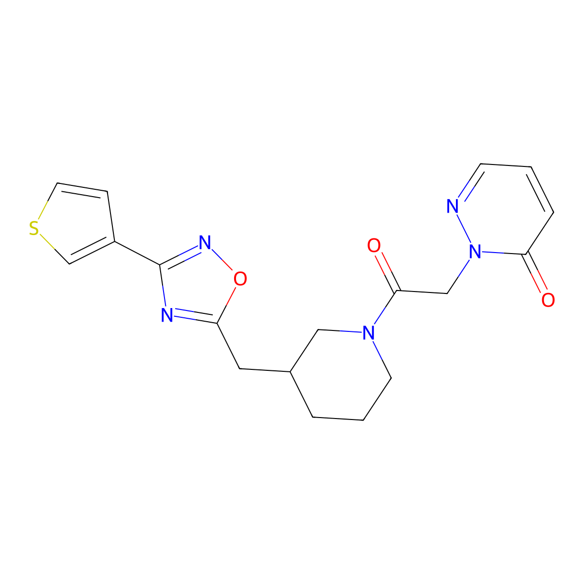 2-(2-oxo-2-(3-((3-(thiophen-3-yl)-1,2,4-oxadiazol-5-yl)methyl)piperidin-1-yl)ethyl)pyridazin-3(2H)-one molecular structure, CAS 1705944-73-5