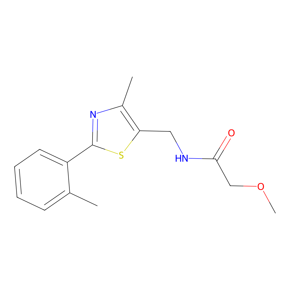 2-methoxy-N-((4-methyl-2-(o-tolyl)thiazol-5-yl)methyl)acetamide molecular structure, CAS 1705949-91-2