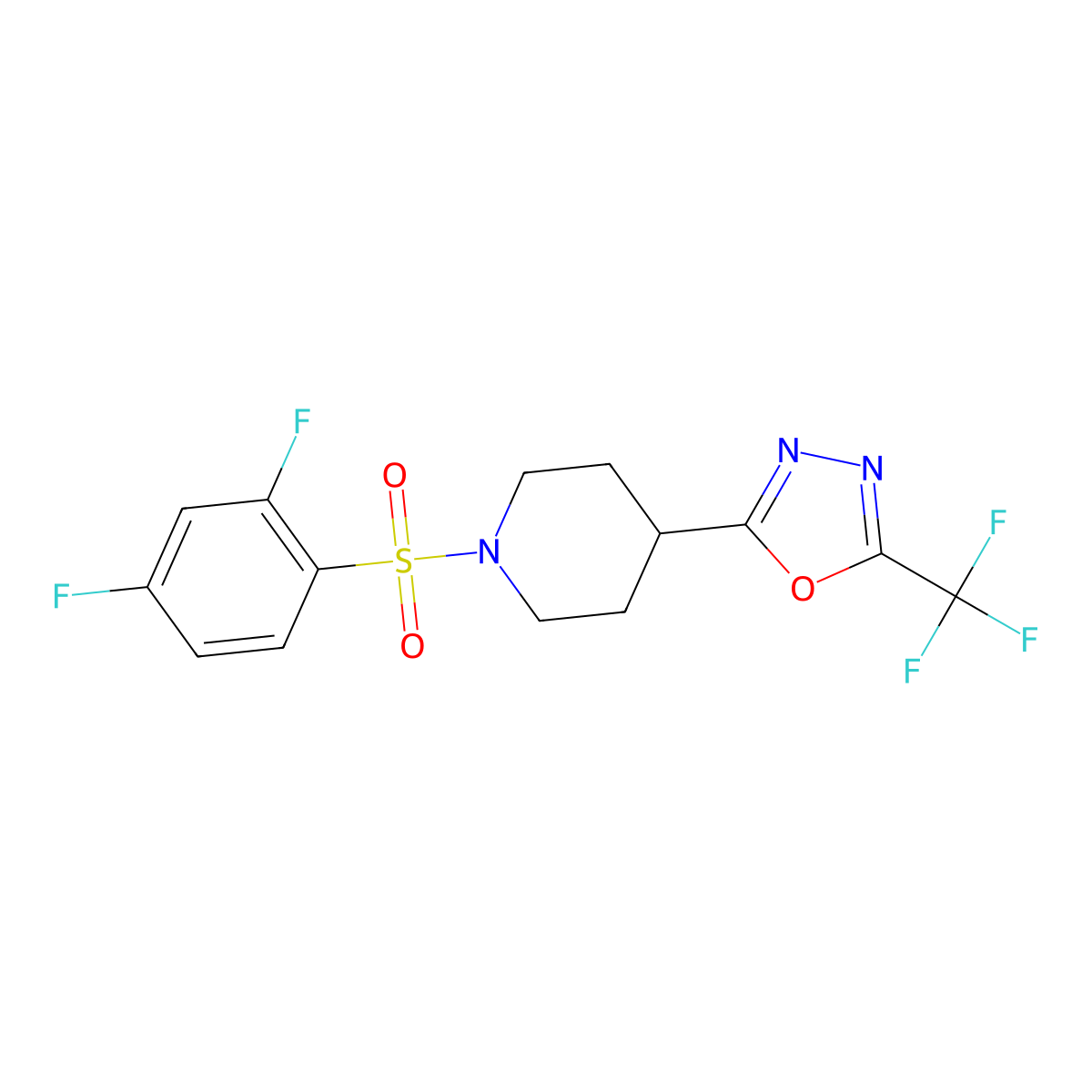 2-(1-((2,4-Difluorophenyl)sulfonyl)piperidin-4-yl)-5-(trifluoromethyl)-1,3,4-oxadiazole molecular structure, CAS 1705950-37-3