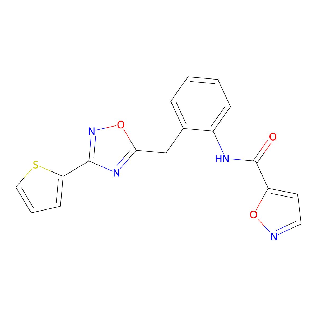N-(2-((3-(thiophen-2-yl)-1,2,4-oxadiazol-5-yl)methyl)phenyl)isoxazole-5-carboxamide molecular structure, CAS 1705951-67-2