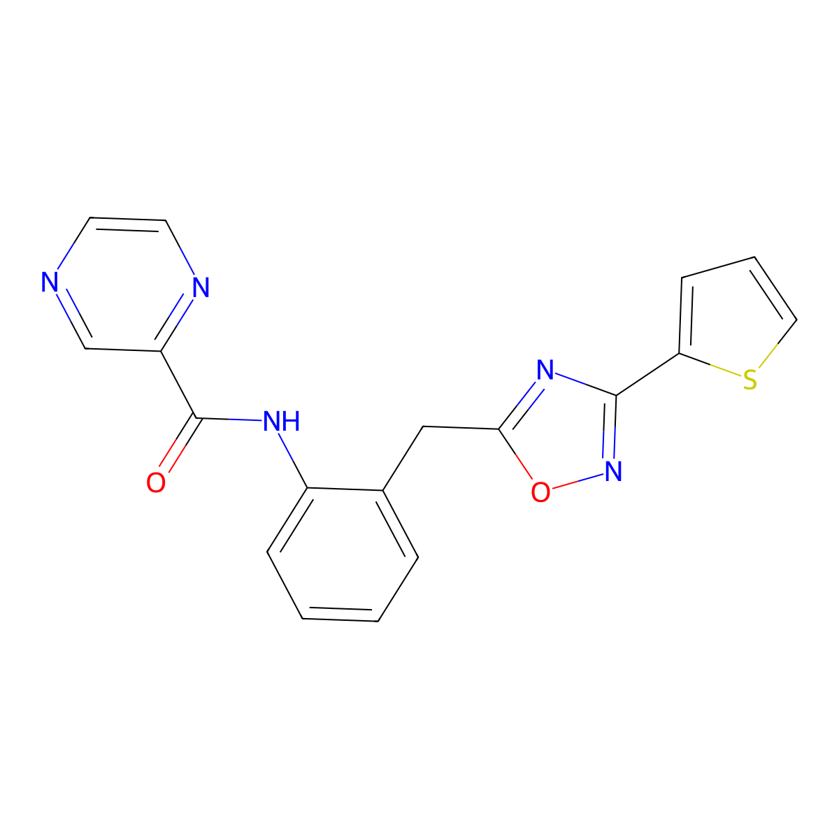 N-(2-((3-(thiophen-2-yl)-1,2,4-oxadiazol-5-yl)methyl)phenyl)pyrazine-2-carboxamide molecular structure, CAS 1705952-02-8