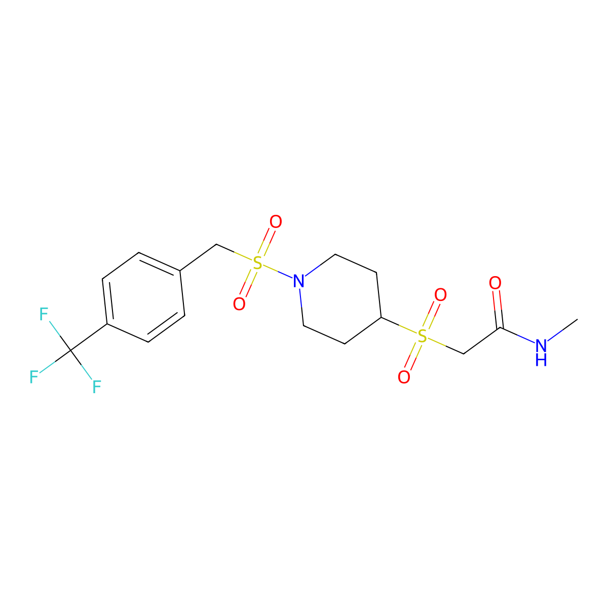 N-methyl-2-((1-((4-(trifluoromethyl)benzyl)sulfonyl)piperidin-4-yl)sulfonyl)acetamide molecular structure, CAS 1705972-81-1