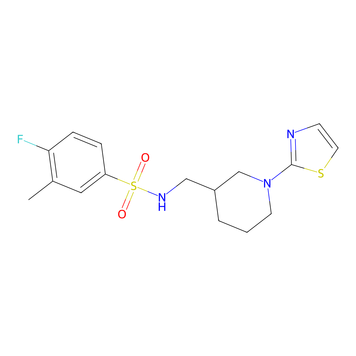 4-fluoro-3-methyl-N-((1-(thiazol-2-yl)piperidin-3-yl)methyl)benzenesulfonamide molecular structure, CAS 1705975-01-4