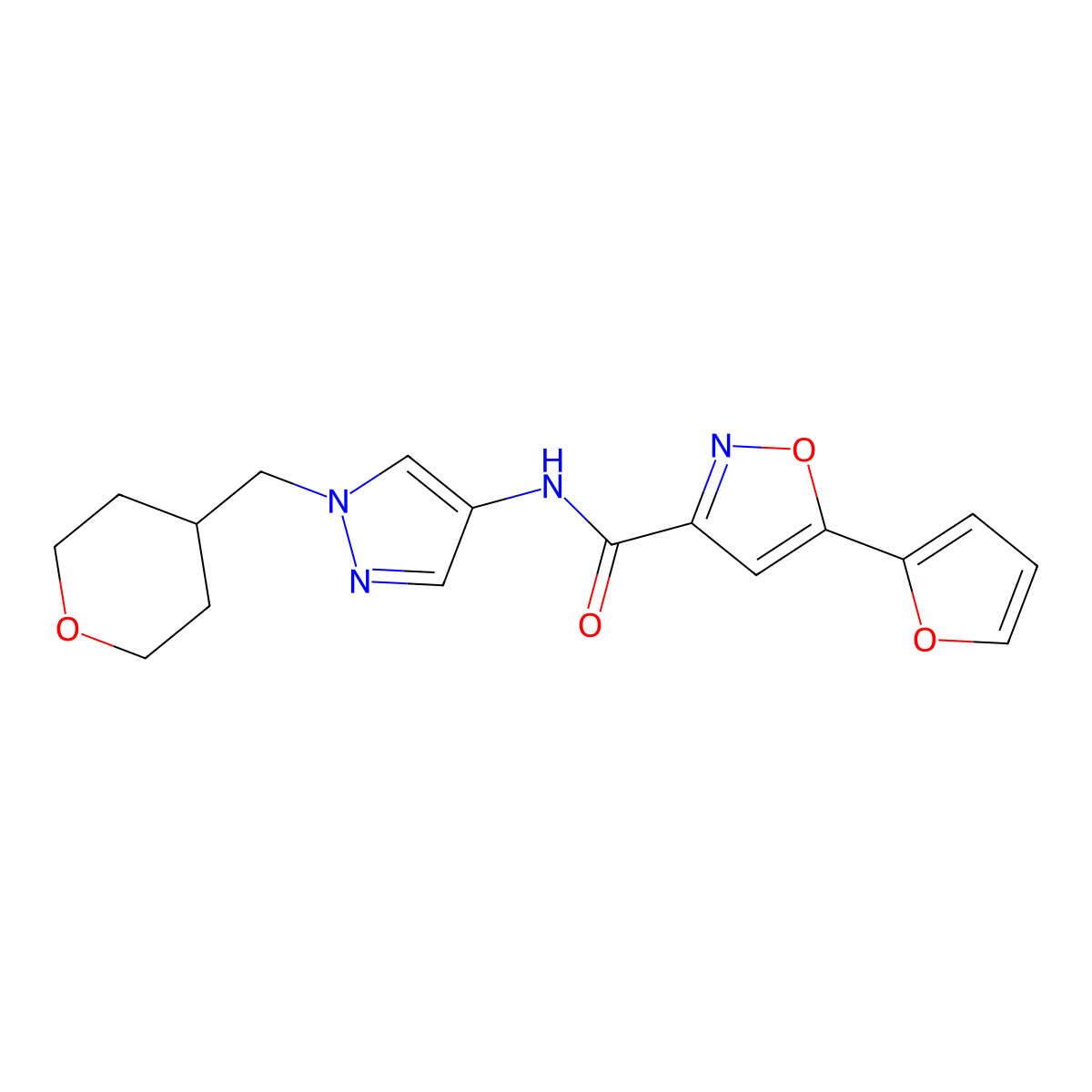 5-(furan-2-yl)-N-(1-((tetrahydro-2H-pyran-4-yl)methyl)-1H-pyrazol-4-yl)isoxazole-3-carboxamide molecular structure, CAS 1705975-28-5