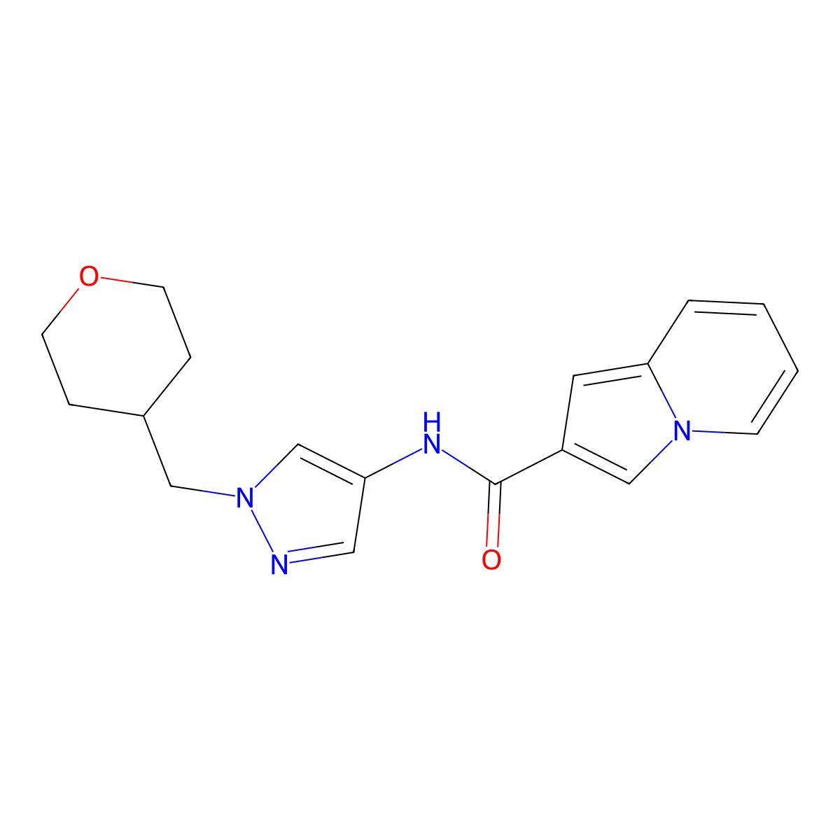 N-(1-((tetrahydro-2H-pyran-4-yl)methyl)-1H-pyrazol-4-yl)indolizine-2-carboxamide molecular structure, CAS 1705976-22-2