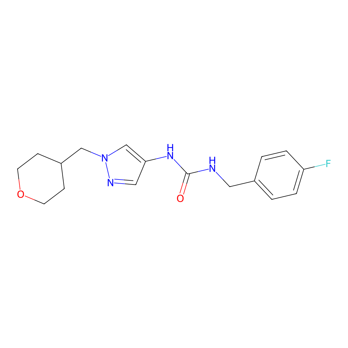 1-(4-fluorobenzyl)-3-(1-((tetrahydro-2H-pyran-4-yl)methyl)-1H-pyrazol-4-yl)urea molecular structure, CAS 1705976-38-0