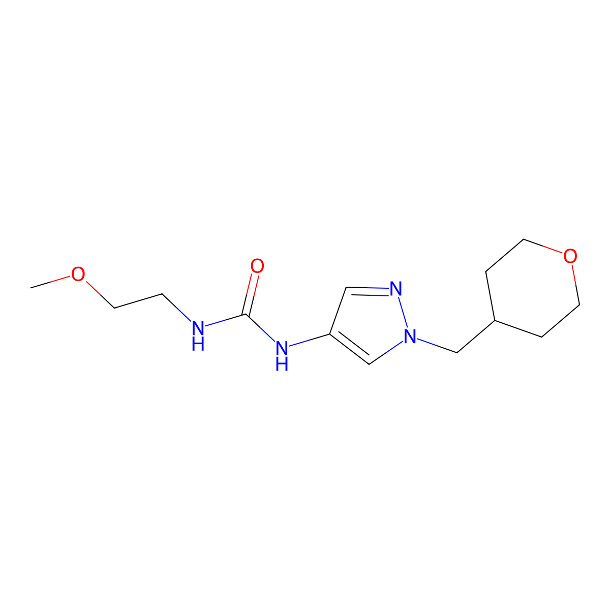 1-(2-methoxyethyl)-3-(1-((tetrahydro-2H-pyran-4-yl)methyl)-1H-pyrazol-4-yl)urea molecular structure, CAS 1705976-75-5