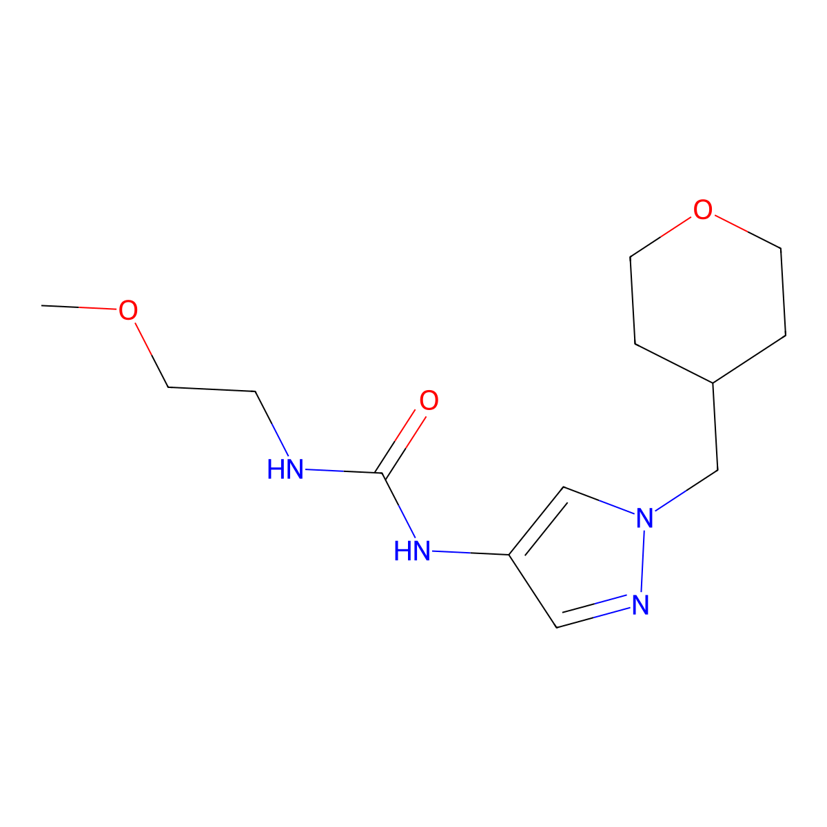 1-(2-methoxyethyl)-3-(1-((tetrahydro-2H-pyran-4-yl)methyl)-1H-pyrazol-4-yl)urea molecular structure, CAS 1705976-75-5