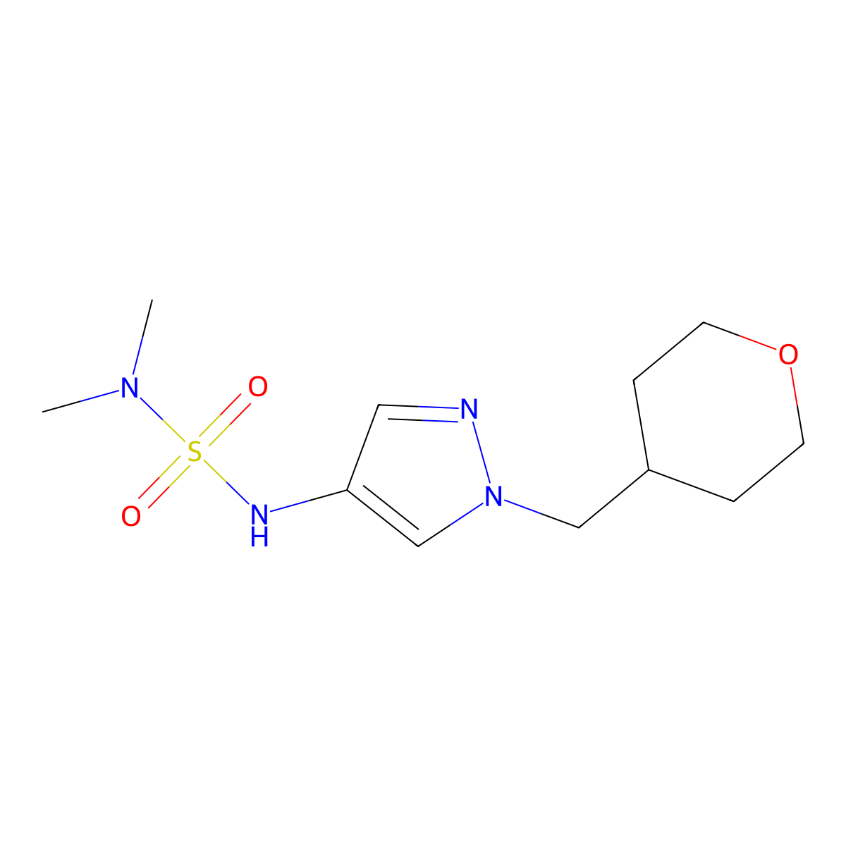 dimethyl({1-[(oxan-4-yl)methyl]-1H-pyrazol-4-yl}sulfamoyl)amine molecular structure, CAS 1705976-90-4
