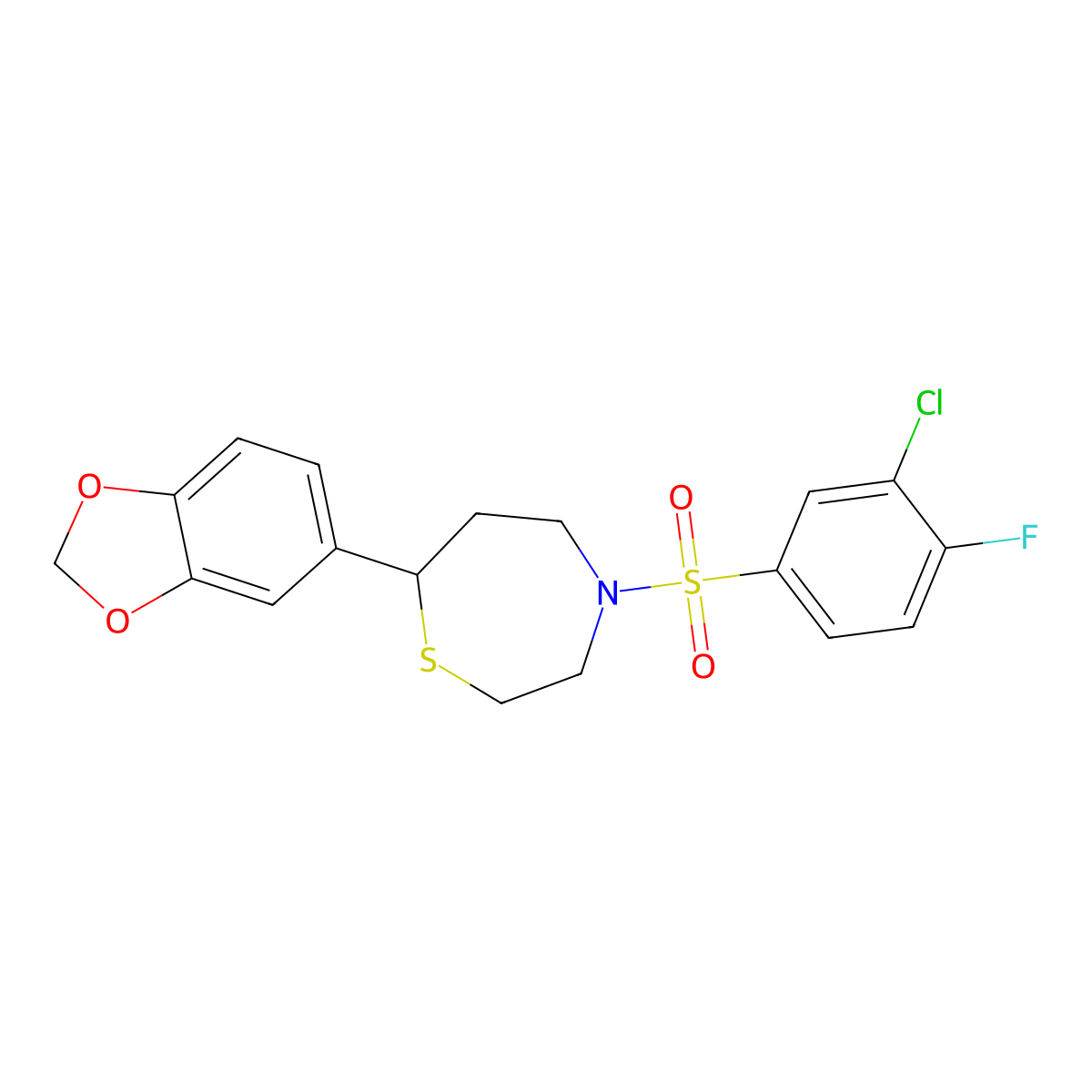 7-(Benzo[d][1,3]dioxol-5-yl)-4-((3-chloro-4-fluorophenyl)sulfonyl)-1,4-thiazepane molecular structure, CAS 1705980-07-9