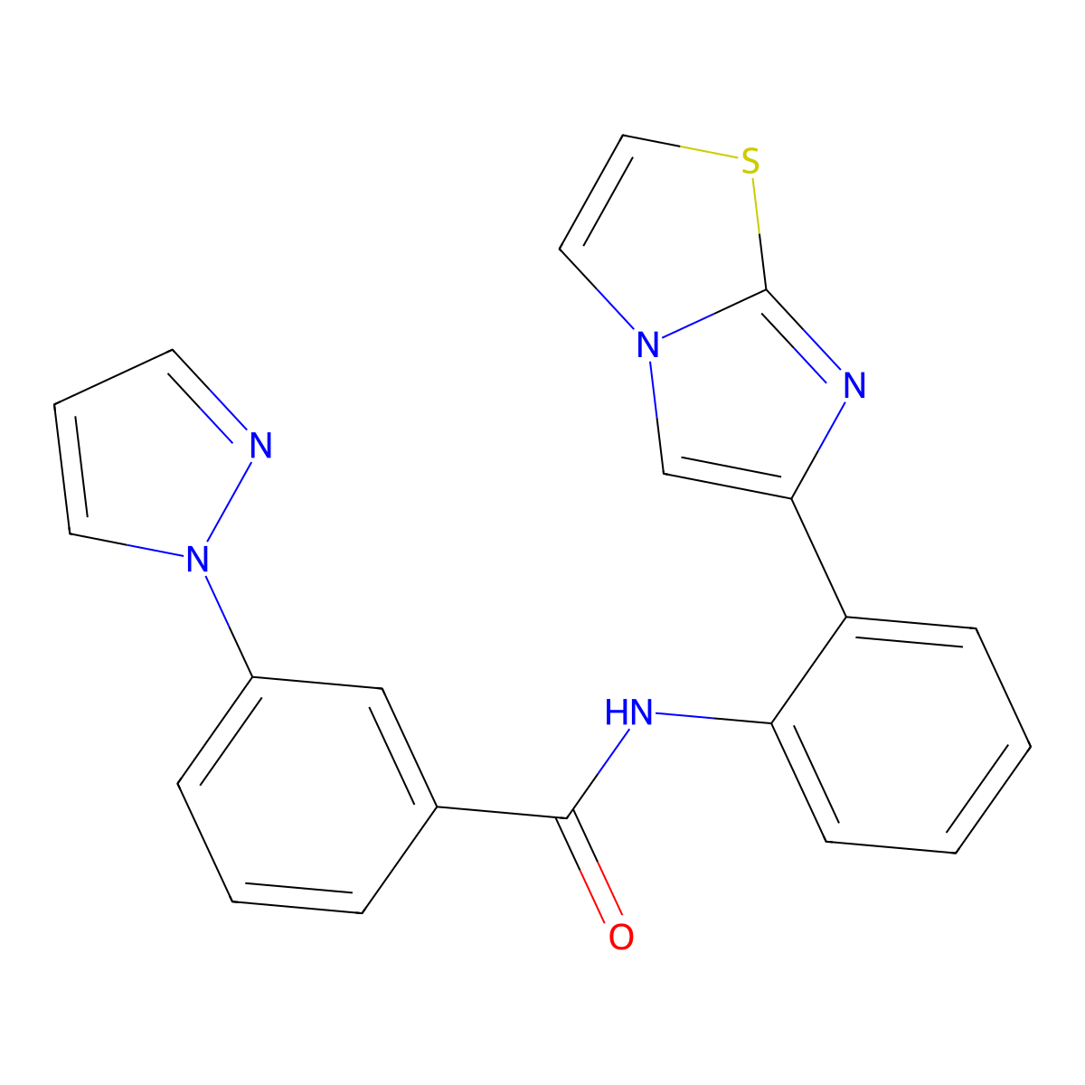N-(2-(imidazo[2,1-b]thiazol-6-yl)phenyl)-3-(1H-pyrazol-1-yl)benzamide molecular structure, CAS 1705981-45-8