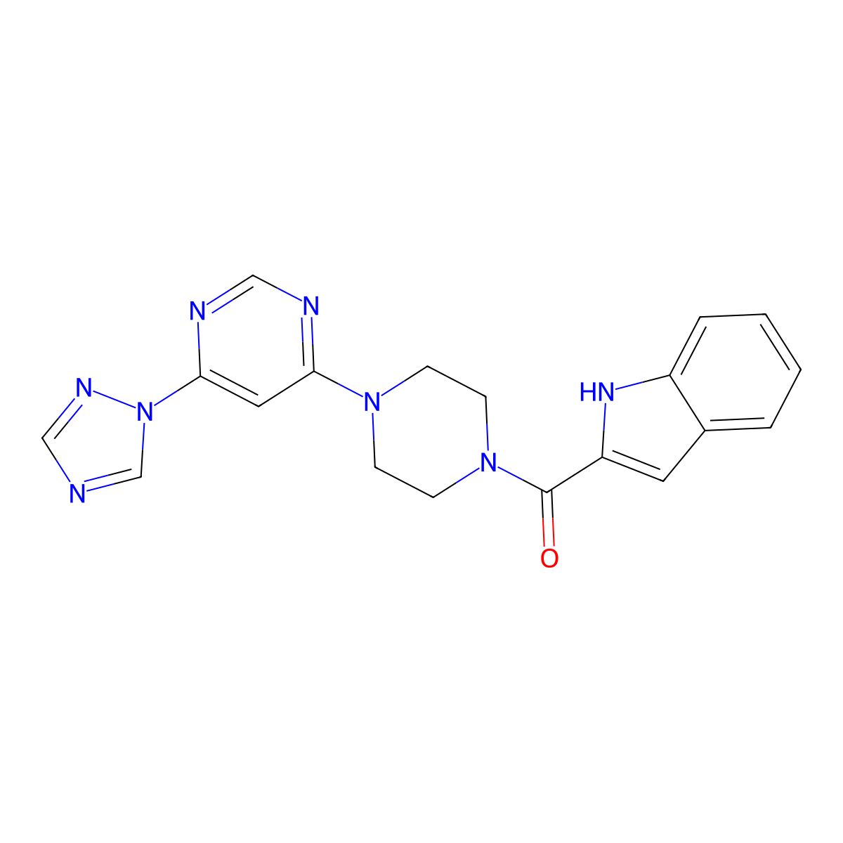 (4-(6-(1H-1,2,4-triazol-1-yl)pyrimidin-4-yl)piperazin-1-yl)(1H-indol-2-yl)methanone molecular structure, CAS 1705981-77-6